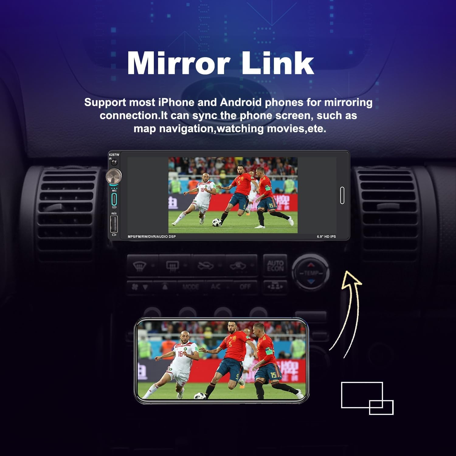 Single Din 6.9″Touch Screen Stereo Bluetooth Radio Car Apple/Android Carplay USB