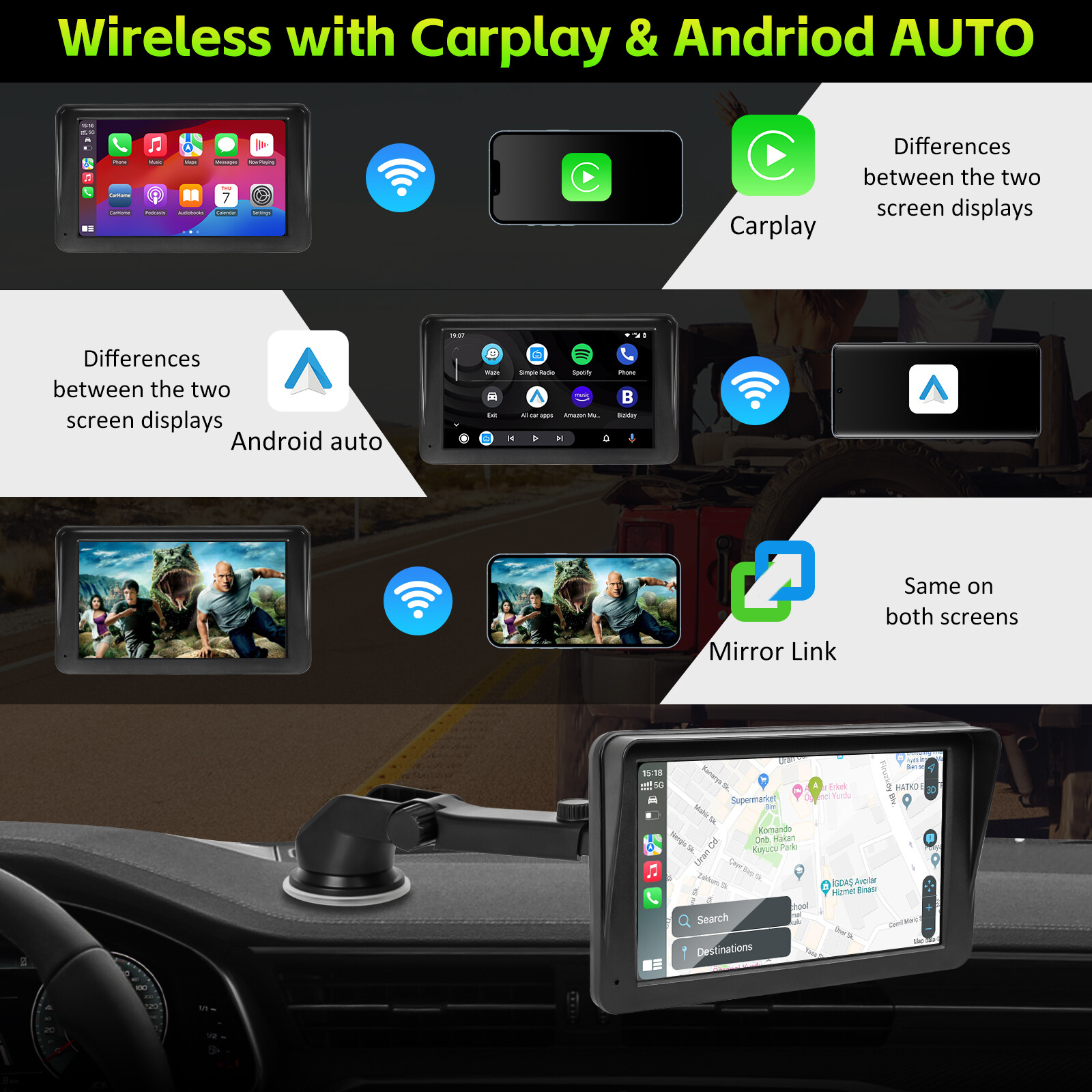 7″ Portable Carplay IOS/Android Auto Play Stereo FM Radio Touch Screen Bluetooth