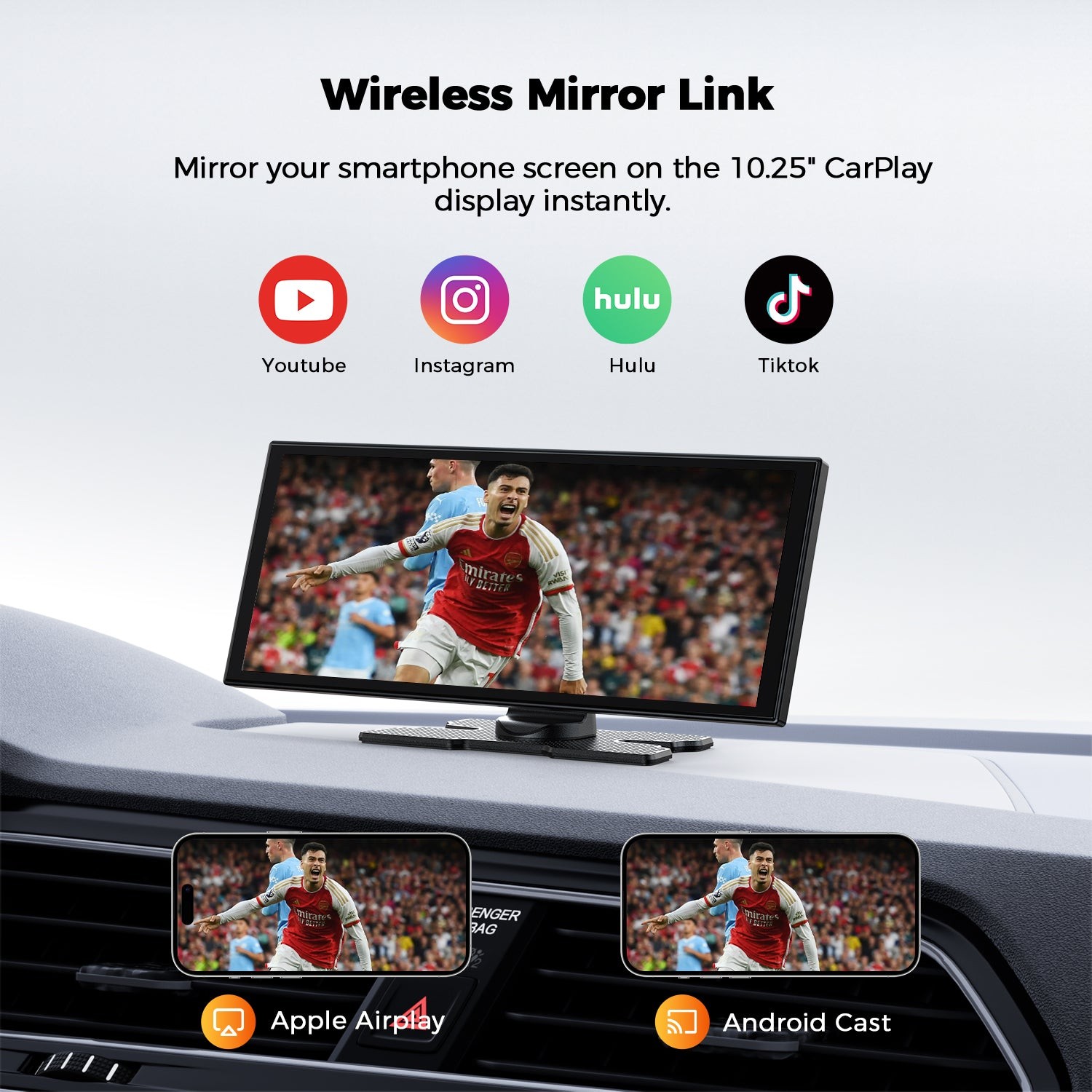 10.25″ Portable Car Stereo Radio Wireless Apple Carplay Android Auto FM+Rear Cam