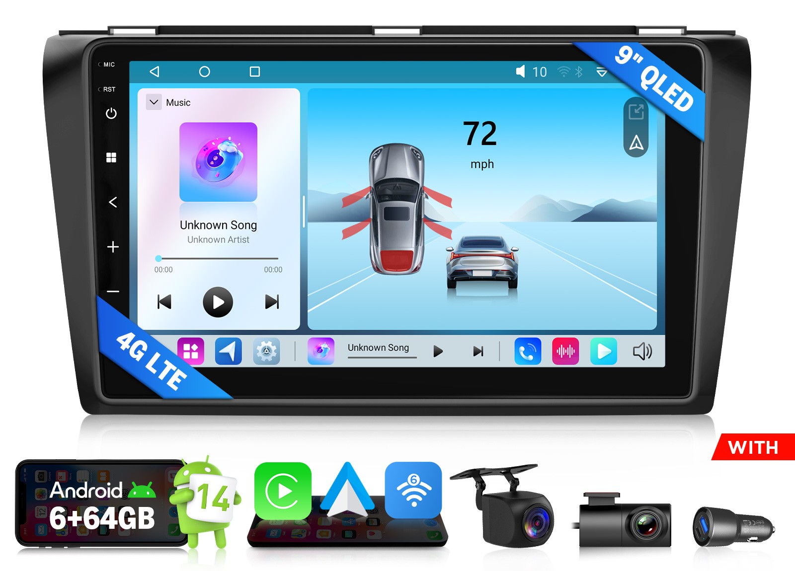 9″ QLED 6+64 Android 14 Car Stereo CarPlay GPS Radio for Mazda Mazdaspeed3 04-09