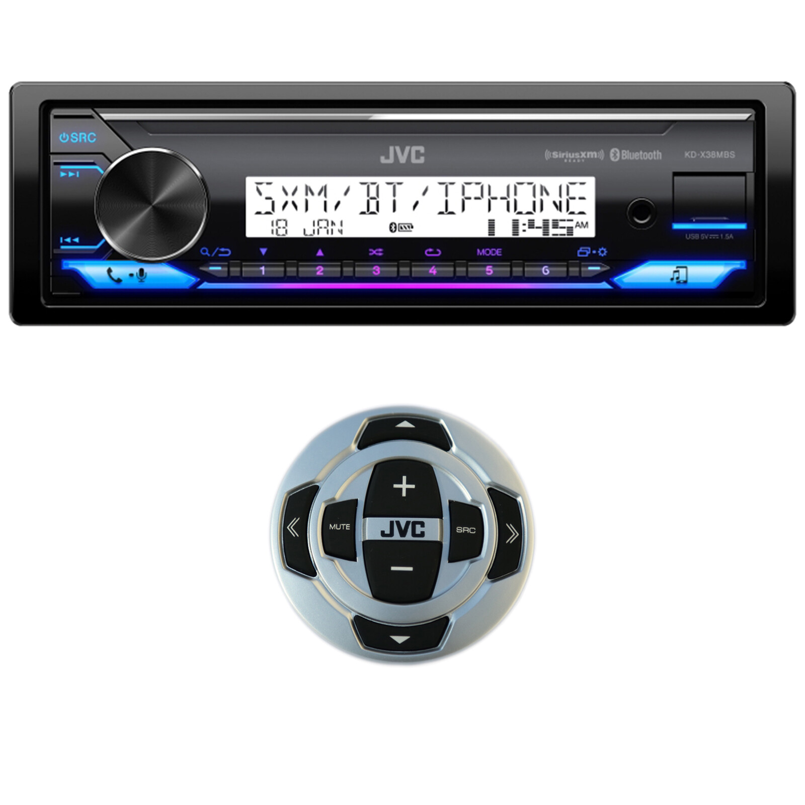JVC KD-X38MBS 1 DIN Marine Bluetooth USB AUX LED Stereo Receiver with Remote