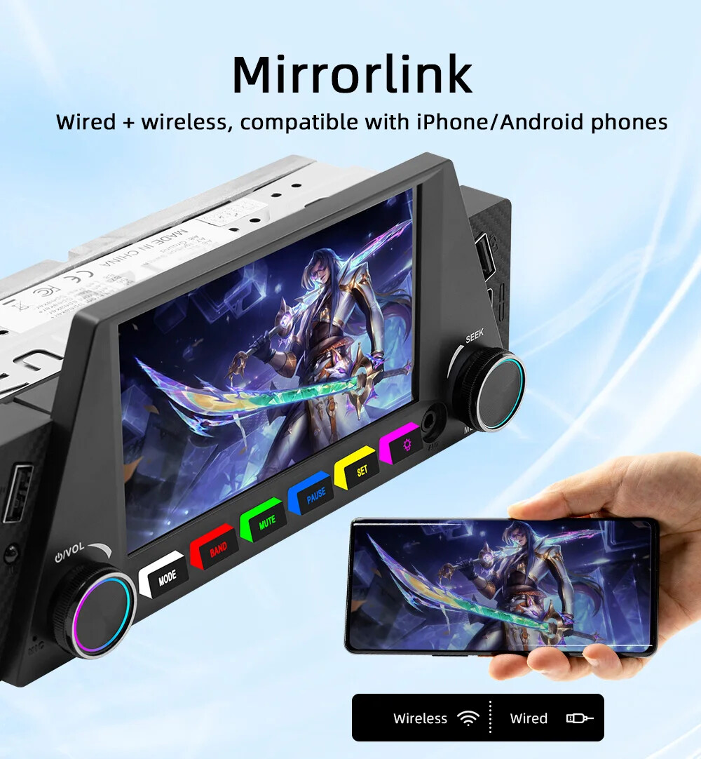 1Din 6.86 Inch Car Radio with Wireless Carplay Android Auto BT MP5 Multimedia
