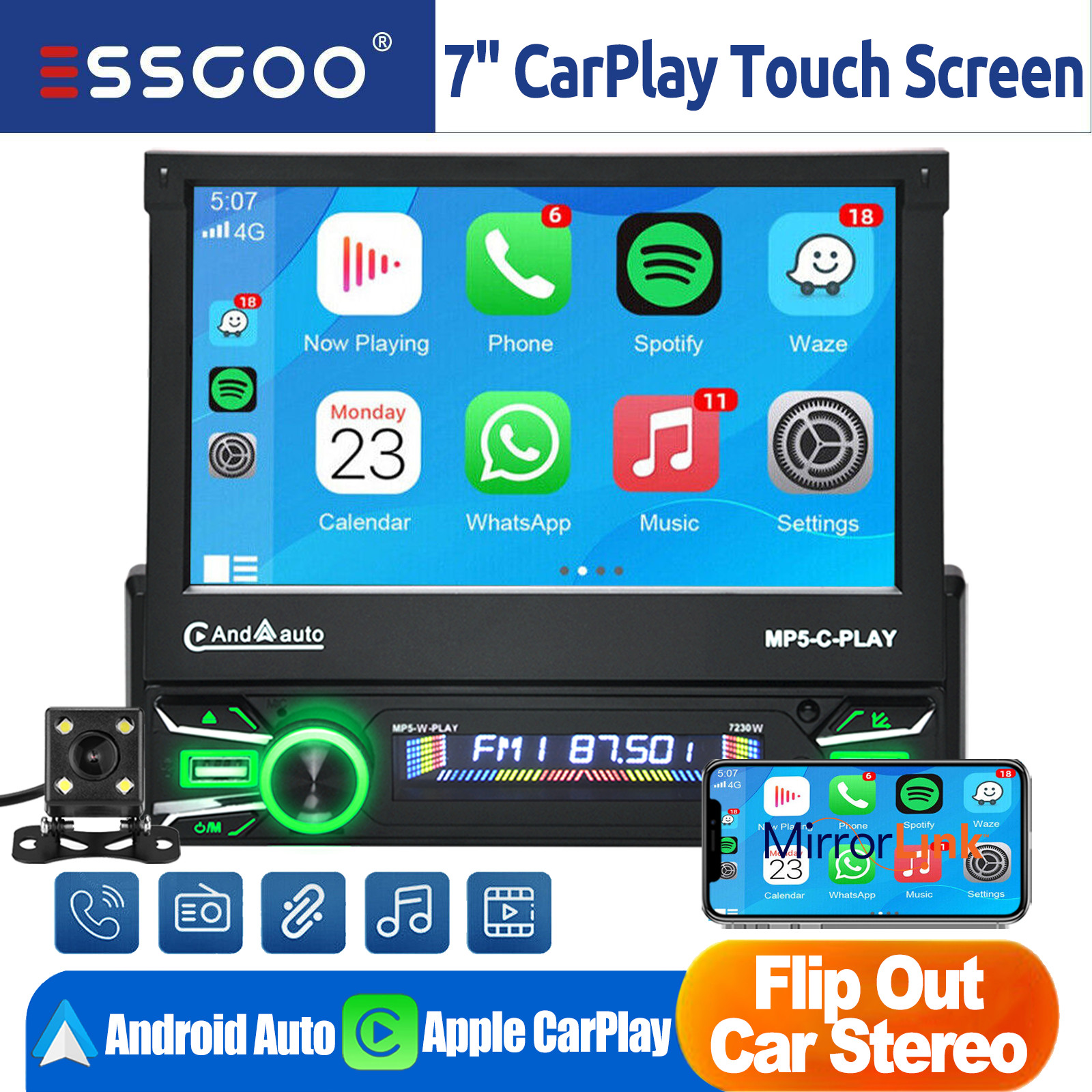 Carplay Single 1DIN 7″ Flip Out Car Stereo Head Unit FM Radio USB TF with Camera