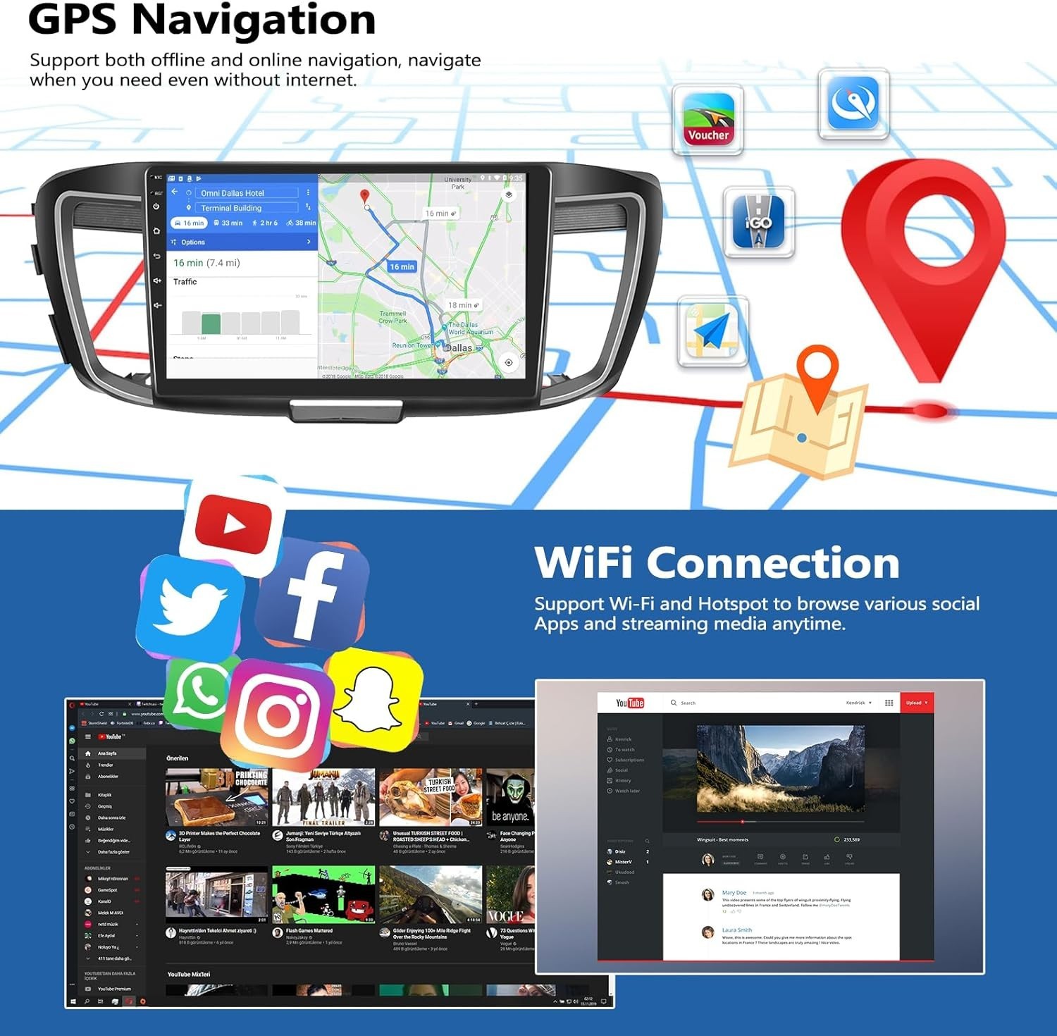 Camecho Dashboard Mount Stereo CarPlay Radio 10″ Touchscreen Bluetooth 4GB+64GB