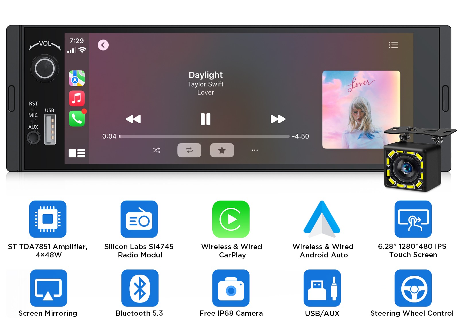 Single DIN 6.28 inch Android Auto Car Stereo Head Unit Apple CarPlay IPS display