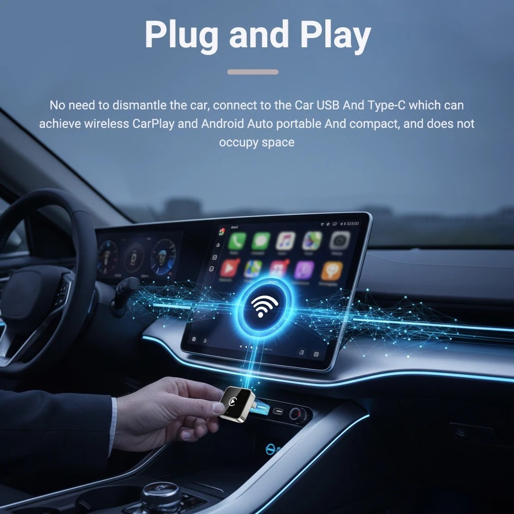 Wireless CarPlay Adapter for Apple iPhone & Android Auto USB Adapter Plug & Play