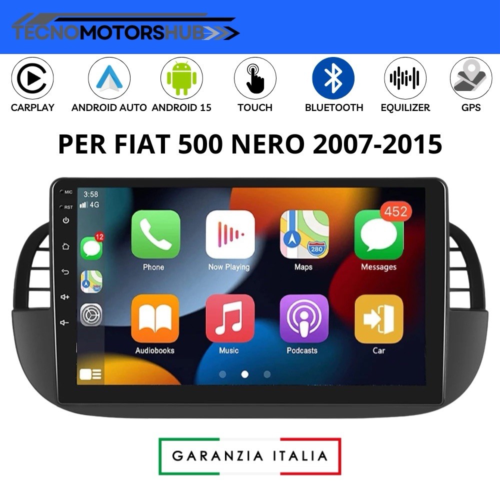 9” Android 15 Carplay Car Stereo For Fiat 500 2007-15 GPS Navi BT RDS USB 4+64GB