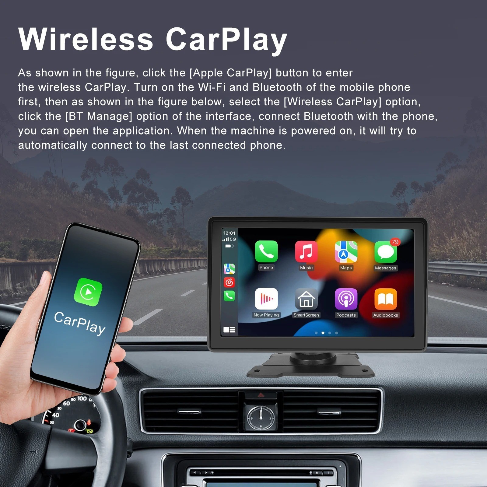 Podofo 7” Wireless CarPlay Android Auto MP5 Monitor Bluetooth FM USB Camera