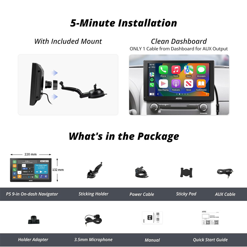 ATOTO P5 9″ Portable Car Stereo Radio Wireless Carplay Android Auto Touch Screen