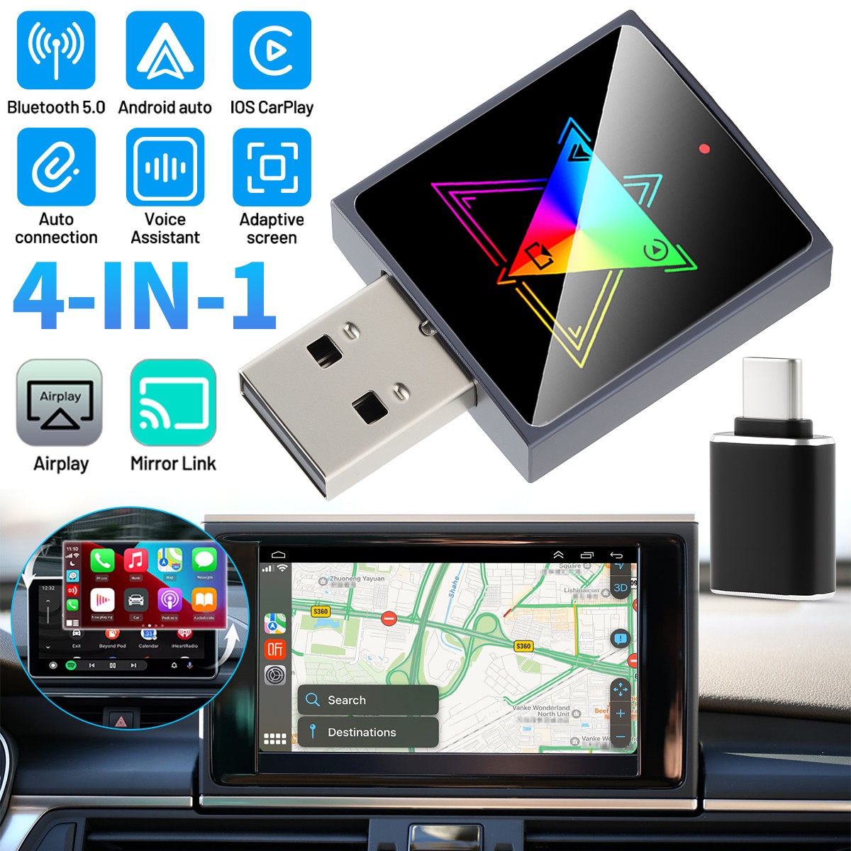 Metal Glass 4-in-1 New Android Auto Box/Wireless CarPlay For Android 11+ iOS 10+