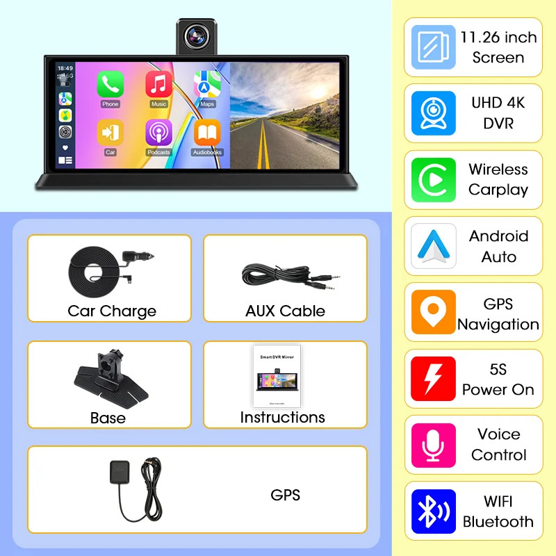 Janstie 11.26 inch Car DVR 4K Camera Rotatable Lens Recorder GPS Dashboard