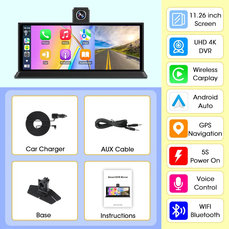Janstie 11.26 inch Car DVR 4K Camera Rotatable Lens Recorder GPS Dashboard
