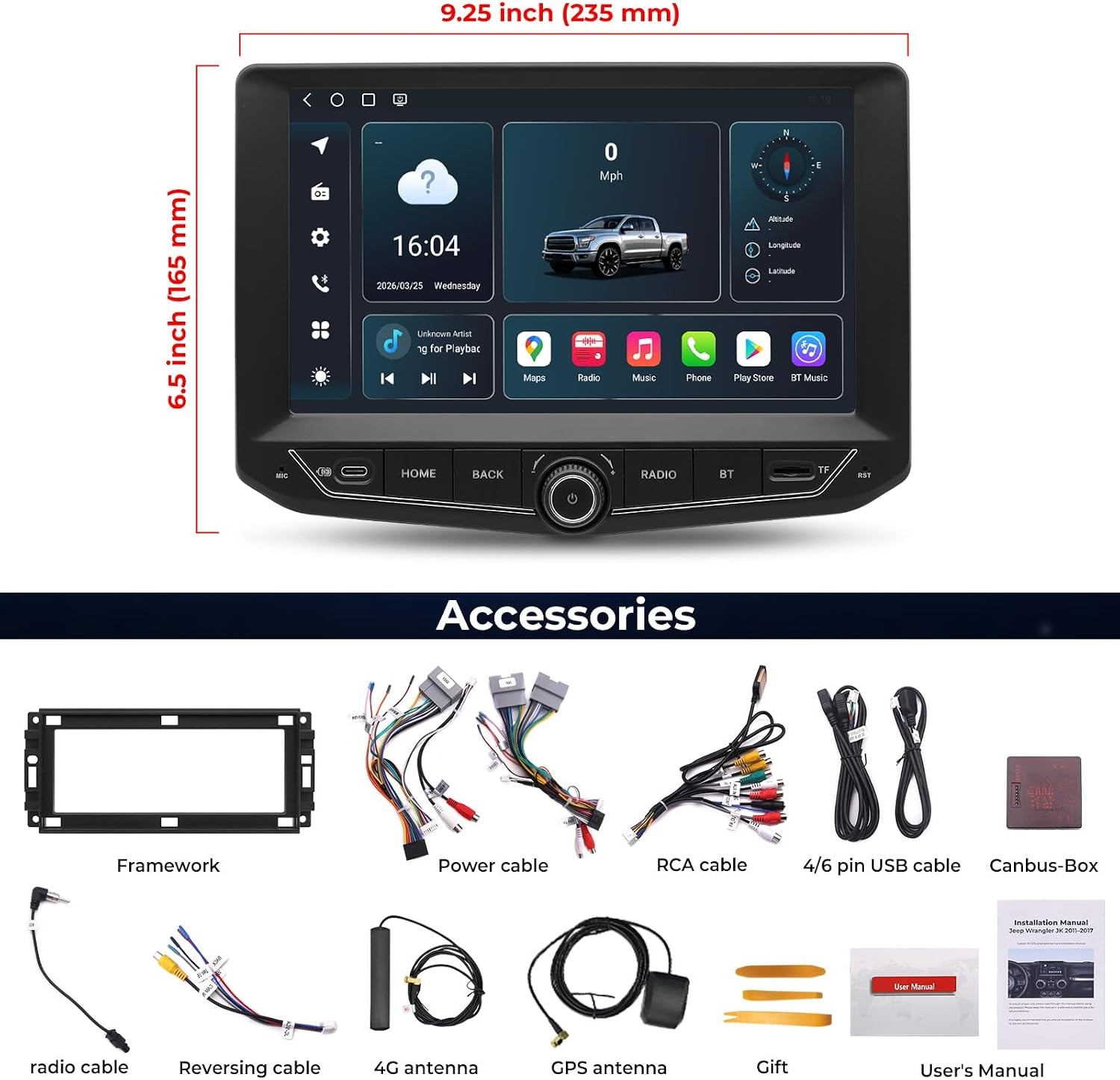 Car Stereo for Jeep Wrangler JK 2011-2017 Wireless CarPlay/Android Auto 8+128GB