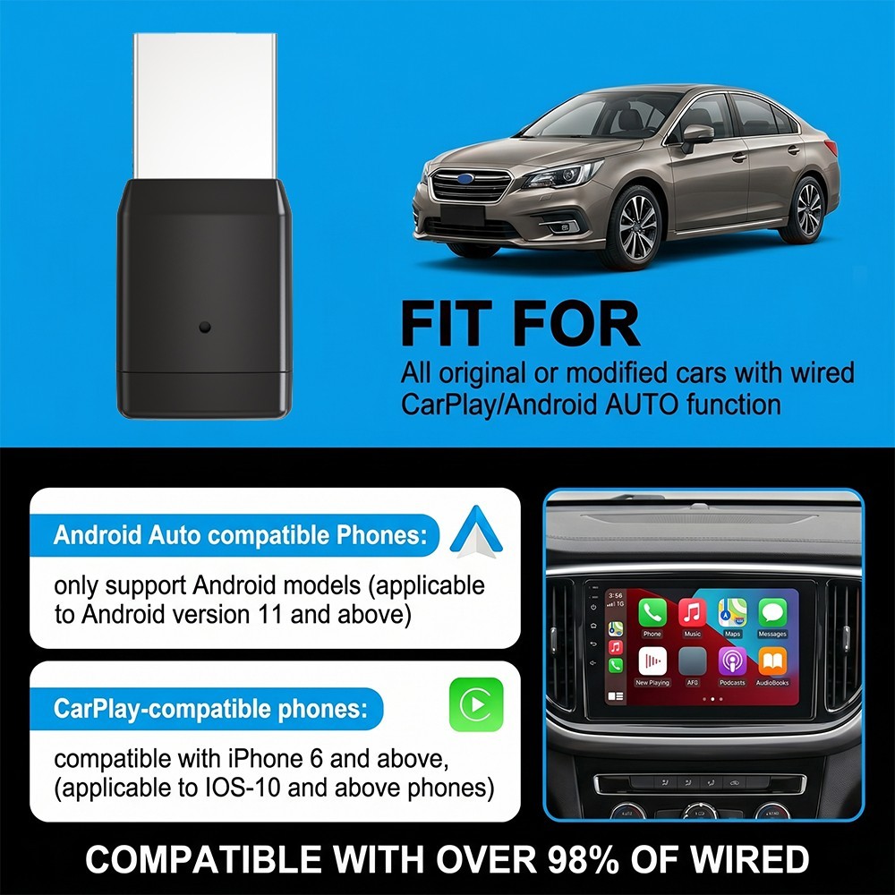 NEW Wireless USB Carplay Adapter Dongle For iPhone Apple Android Auto Plug &Play