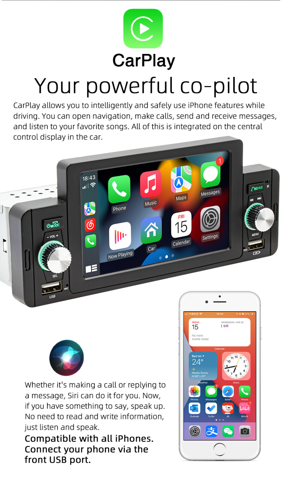 Stereo Car Radio Bluetooth 5in MP5 Carplay Player For Android Auto In Head Units