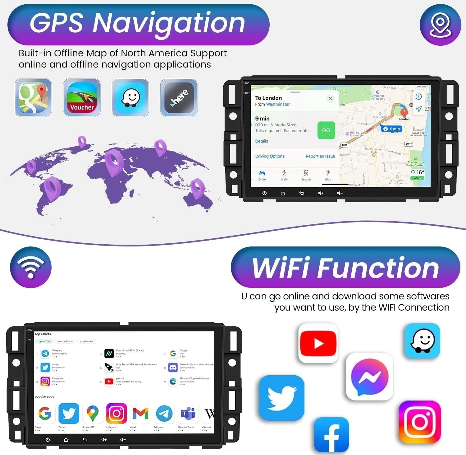 Car Radio Stereo Carplay For 2009-2012 Silverado GMC 4+64G 8in WiFi Mirror Link