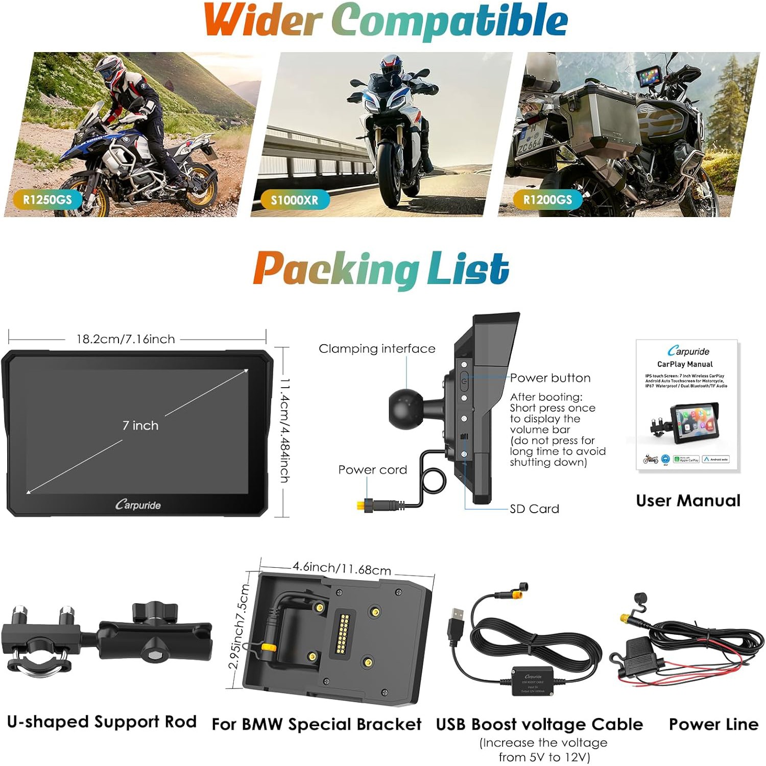 5.5″6.25”6.86”7” Touch Screen Motorcycle Dash Cam Apple&Android Auto+TF Card