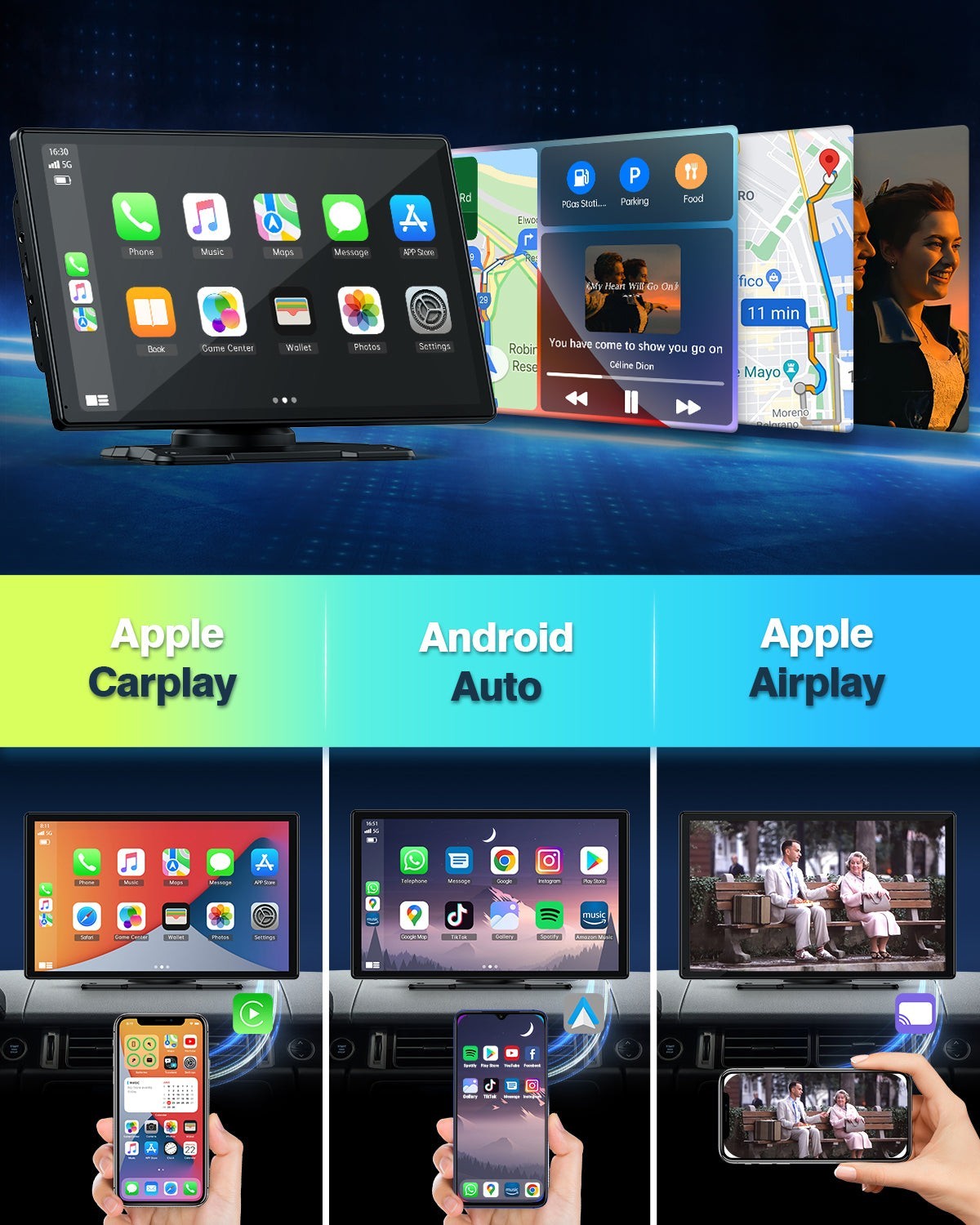 Portable Wireless Apple CarPlay and Android Auto 9″ IPS Touch Screen w/ Rear Cam