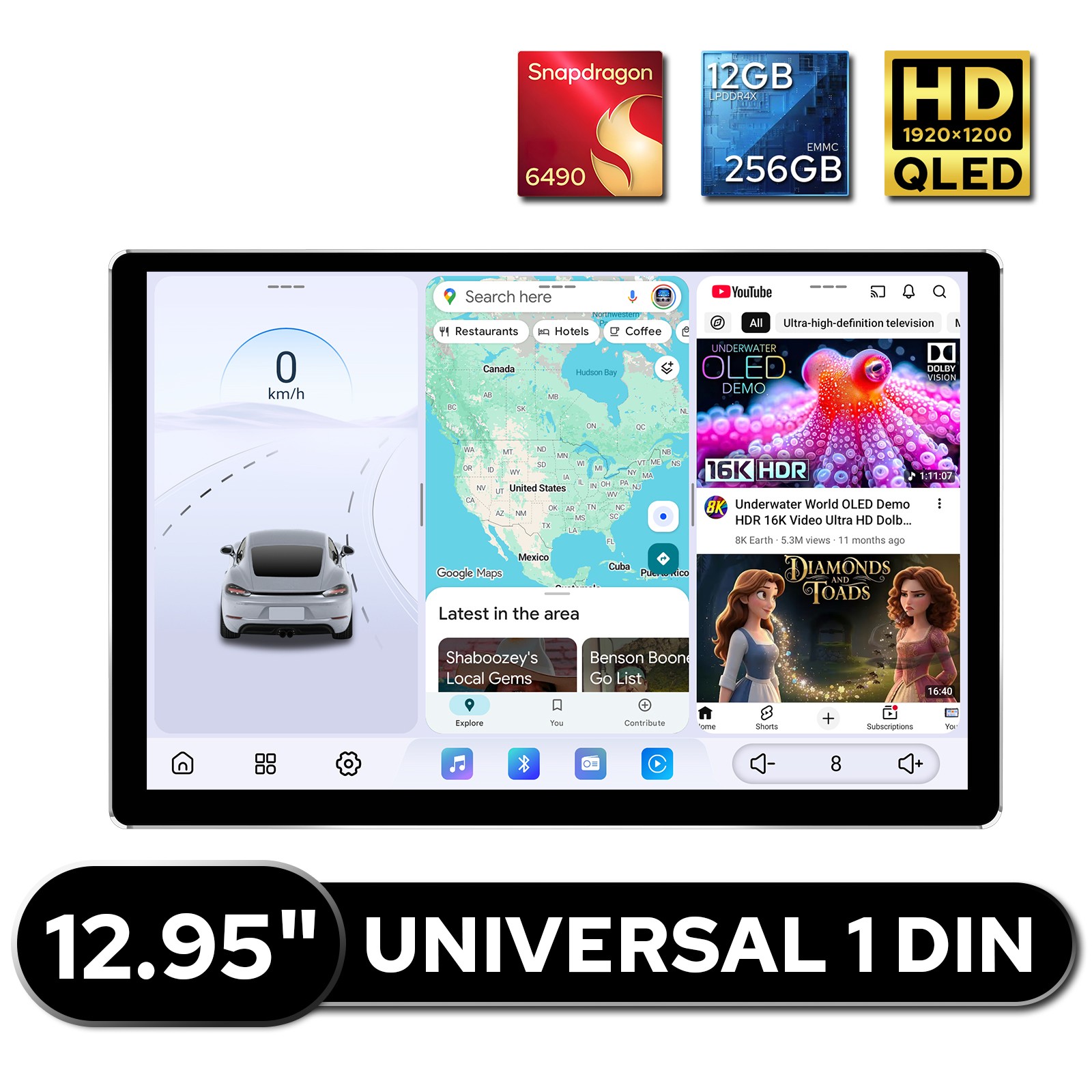 12.95″ QLED Car Stereo 12GB RAM 256GB ROM Android In-Dash Navigation HDMI Input