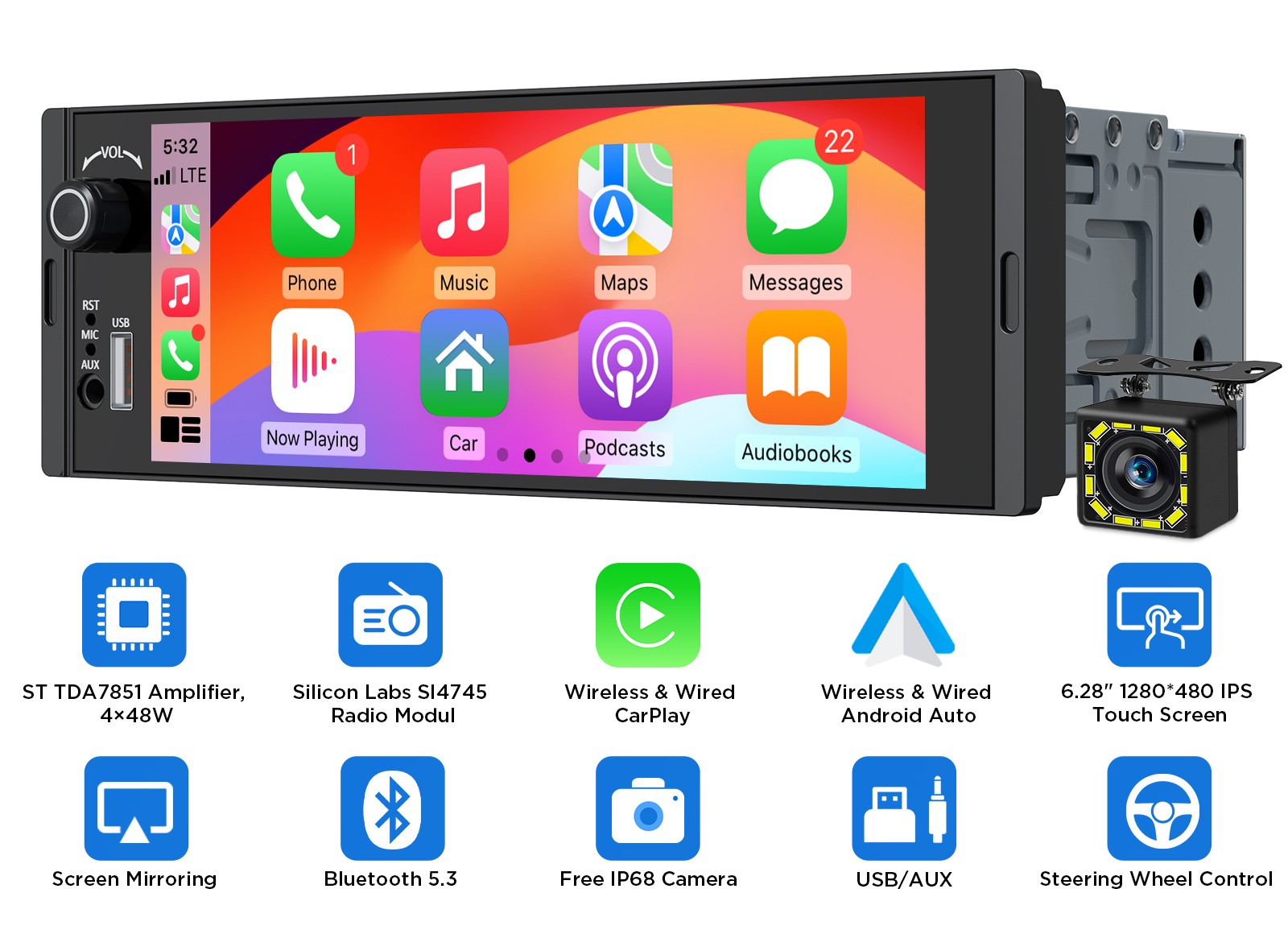 Wireless CarPlay Android Auto 1DIN 6.28″ IPS Car Receiver Stereo Radio Bluetooth