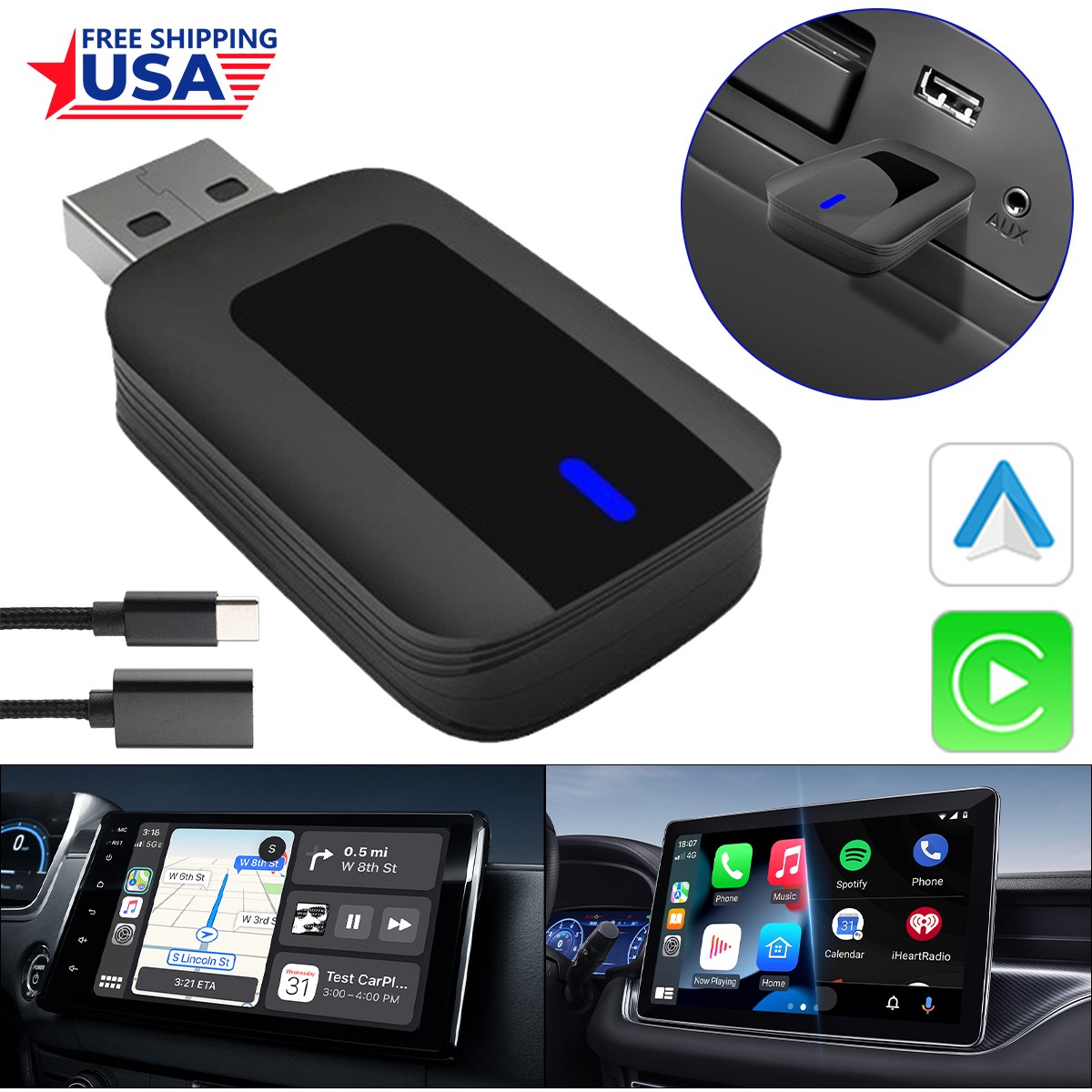 99% Cars 2-in-1 CarPlay Android Auto Wireless Adapter 5.8GHz WiFi BT5.0 Plug New