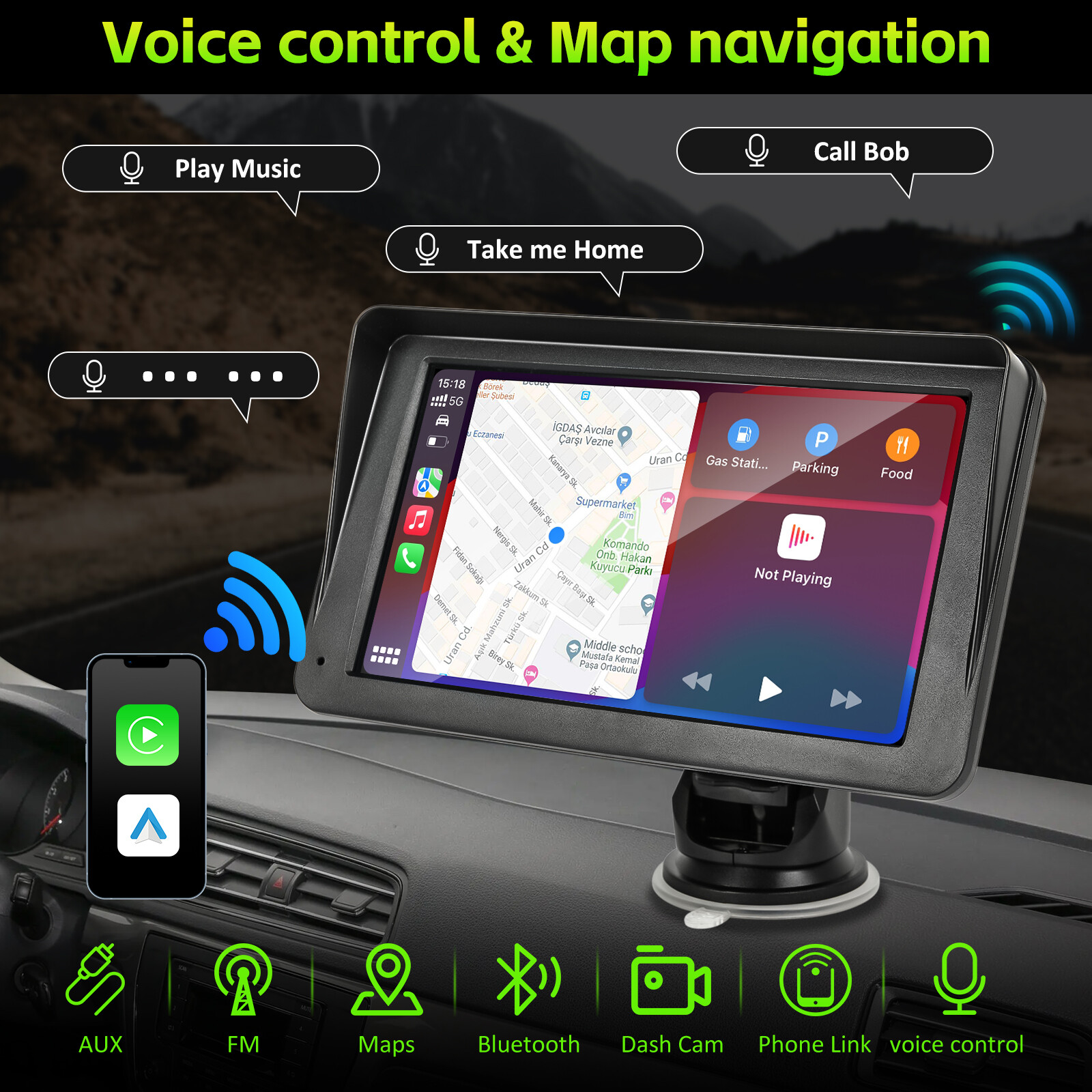 7″ Portable Carplay IOS/Android Auto Play Stereo FM Radio Touch Screen Bluetooth