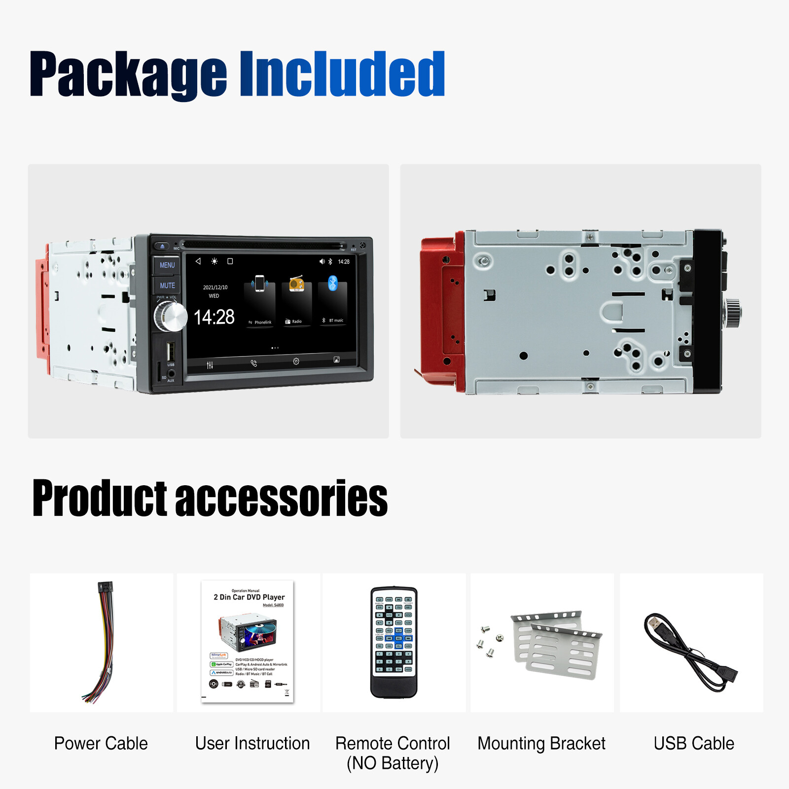 Double 2 DIN Carplay Stereo 6.2″ CD DVD Player FM AM Radio USB AUX-in TF Camera