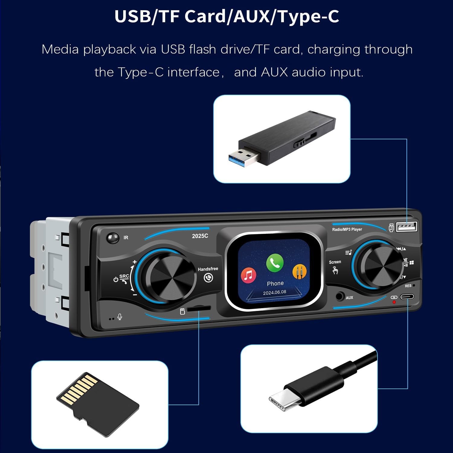 Single DIN Car Stereo Bluetooth CD/DVD Player MP3 USB SD AUX RDS FM/AM Radio