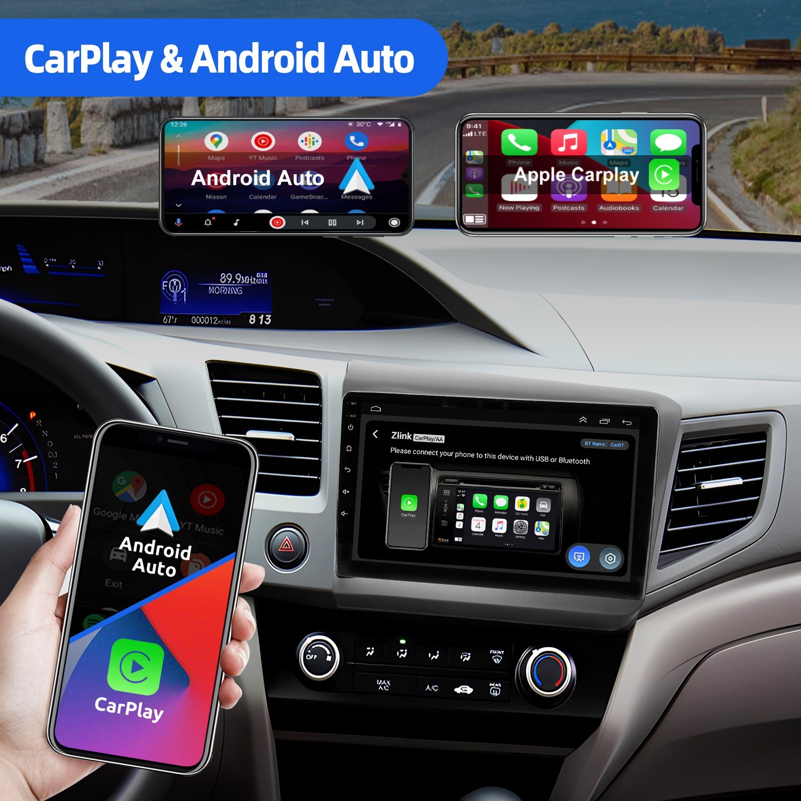 For 2012 Honda Civic LX Sedan 9in Android 15 Car Stereo GPS Navi Apple Carplay