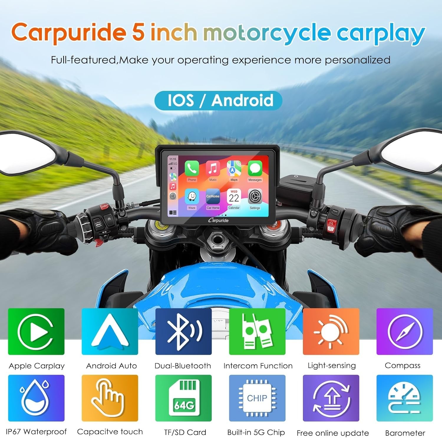 Carpuride W502Pro Motor Stereo Carplay Android Auto Intercom Compass Waterproof