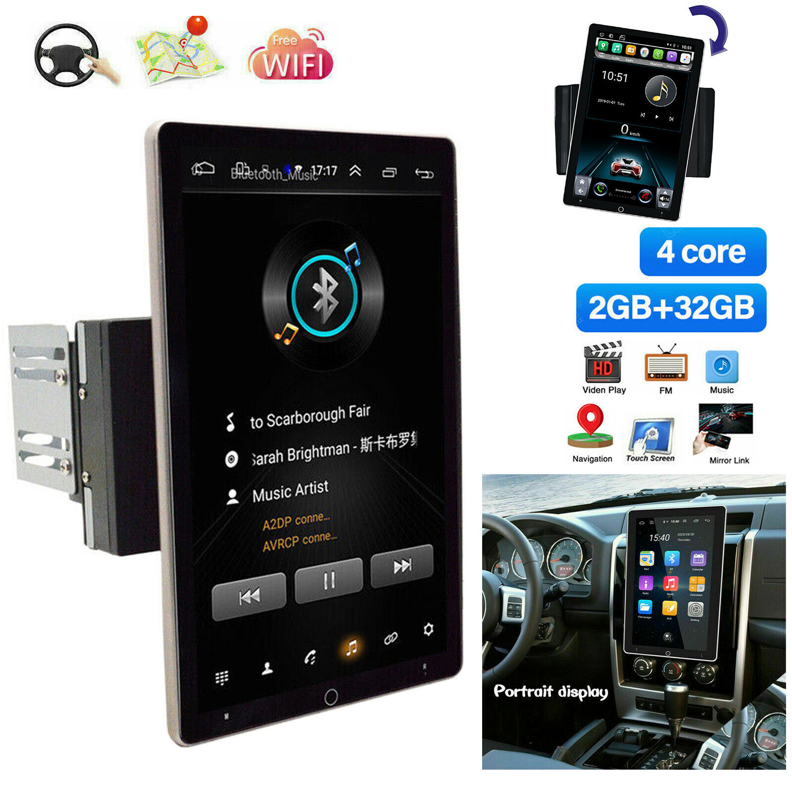 Android 13 Double 2 DIN Rotatable Car Stereo Radio 10.1” Touch Screen GPS Wifi