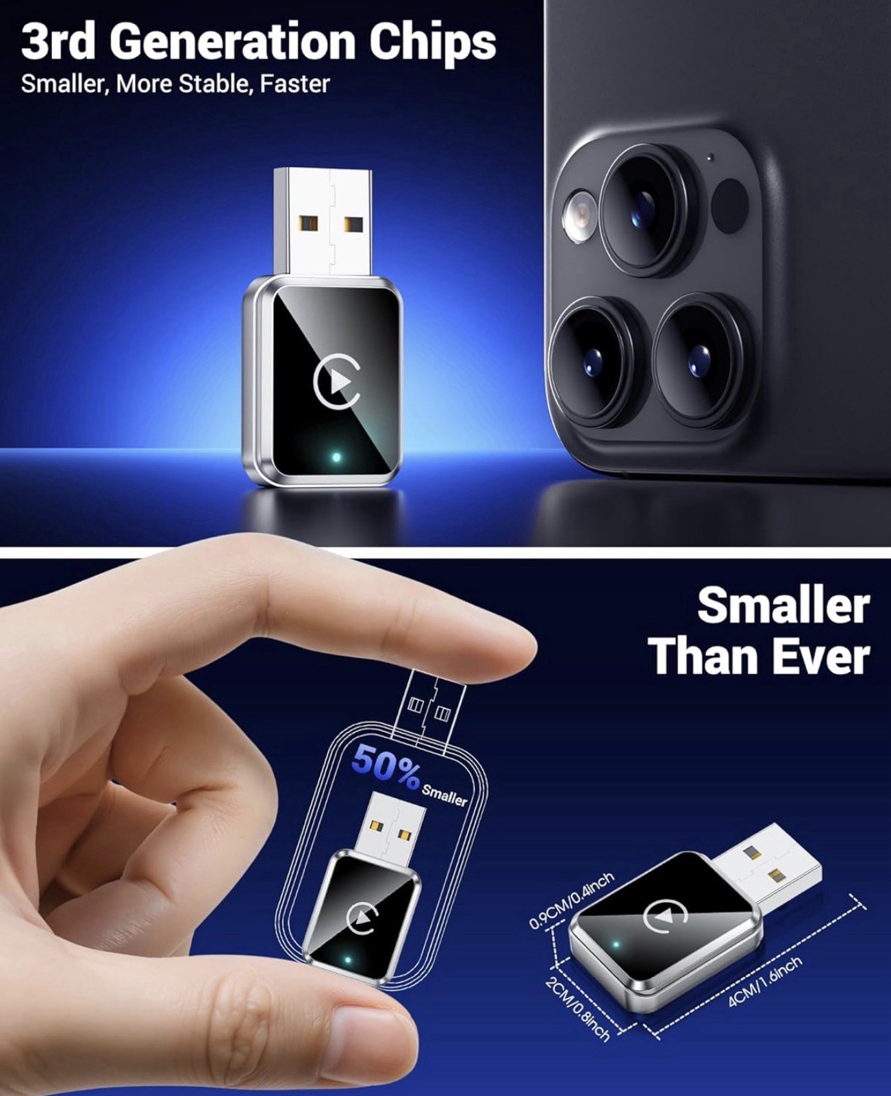 Wireless CarPlay Adapter for iPhone – Plug & Play Dongle with Auto Connect, USB-