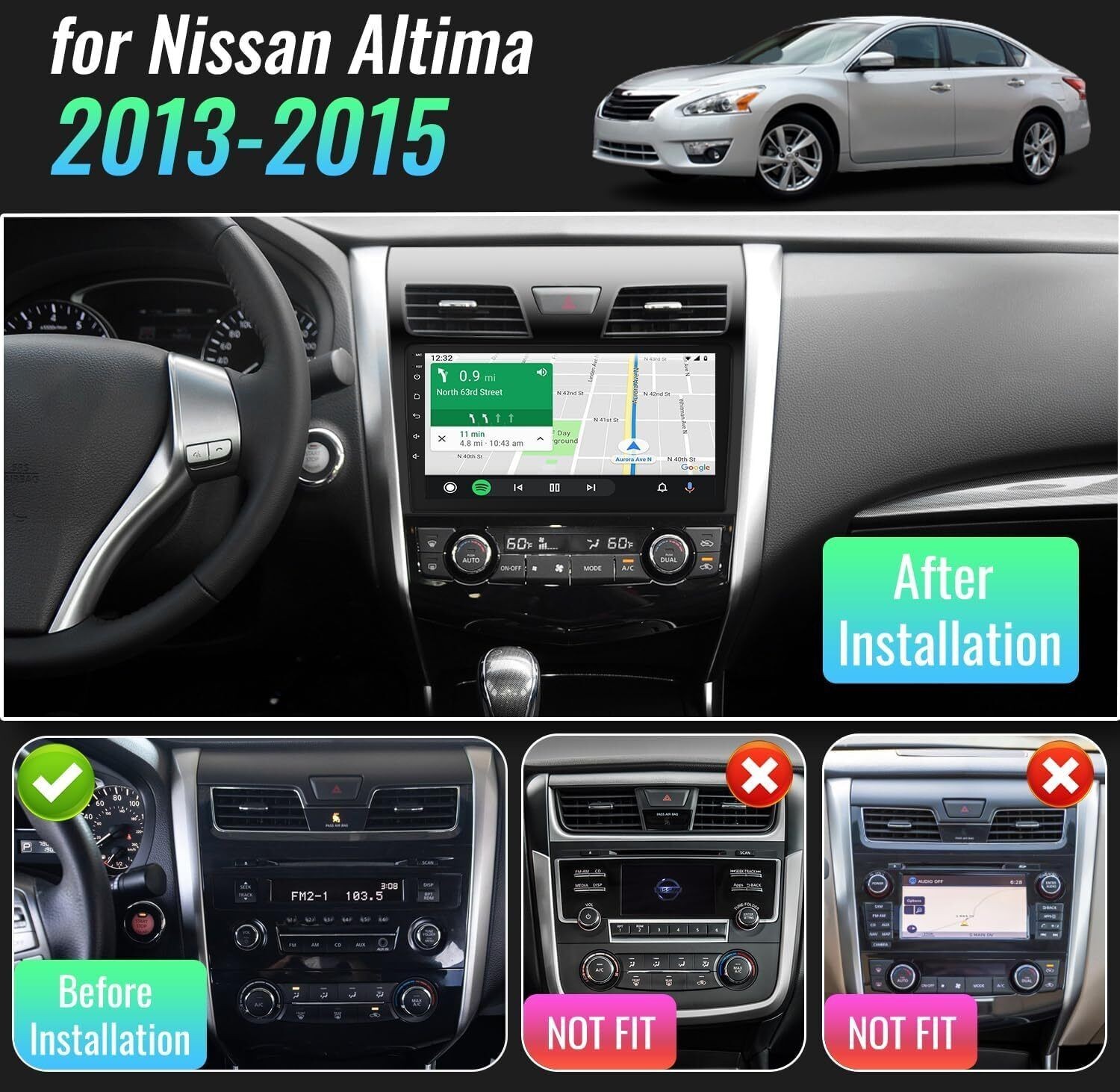For Nissan Altima 2013-2015 Android 15 Apple Carplay Car Stereo Radio GPS Navi