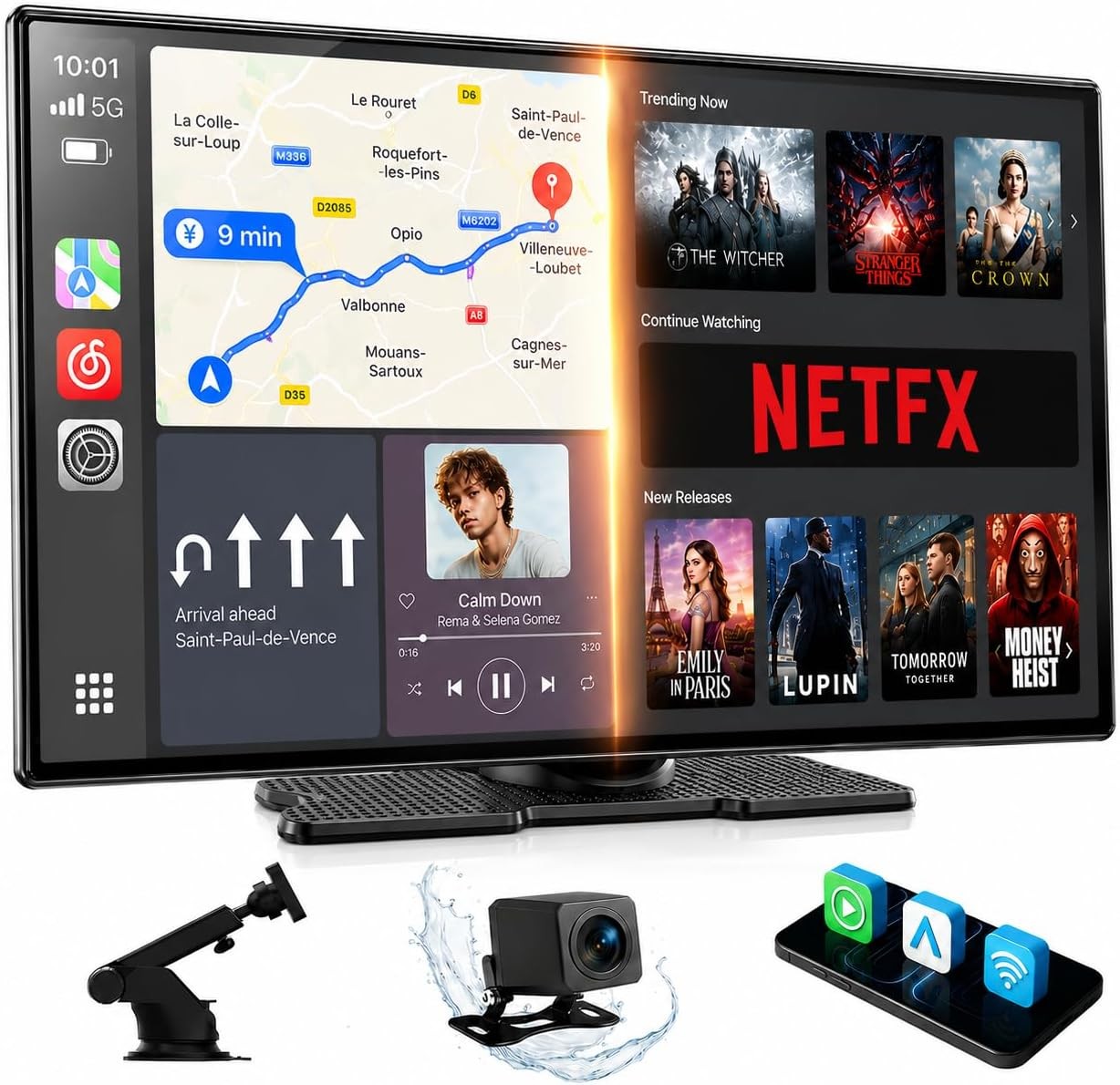 9″ Wireless CarPlay Screen Android Auto with Netflix YouTube GPS Reverse Camera