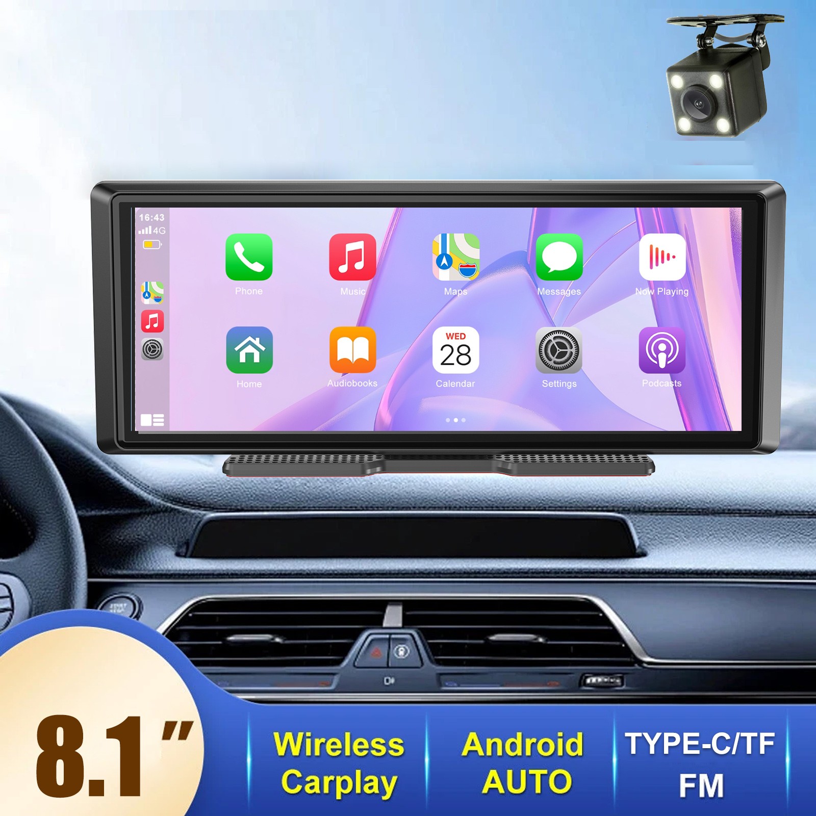 8″ Portable Car Stereo Radio Wireless Apple CarPlay Android Auto Touch Screen