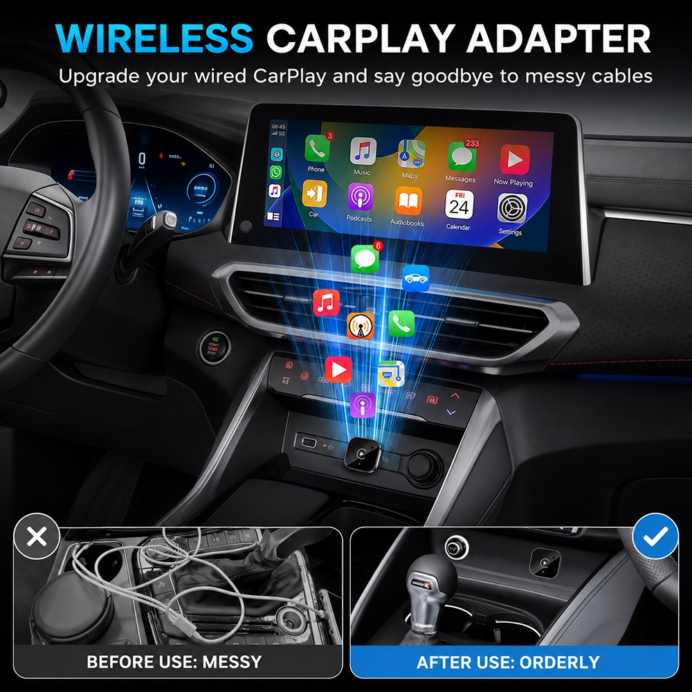 2-in-1 Wired to Wireless CarPlay & Android Auto Adapter USB Dongle Plug & Play