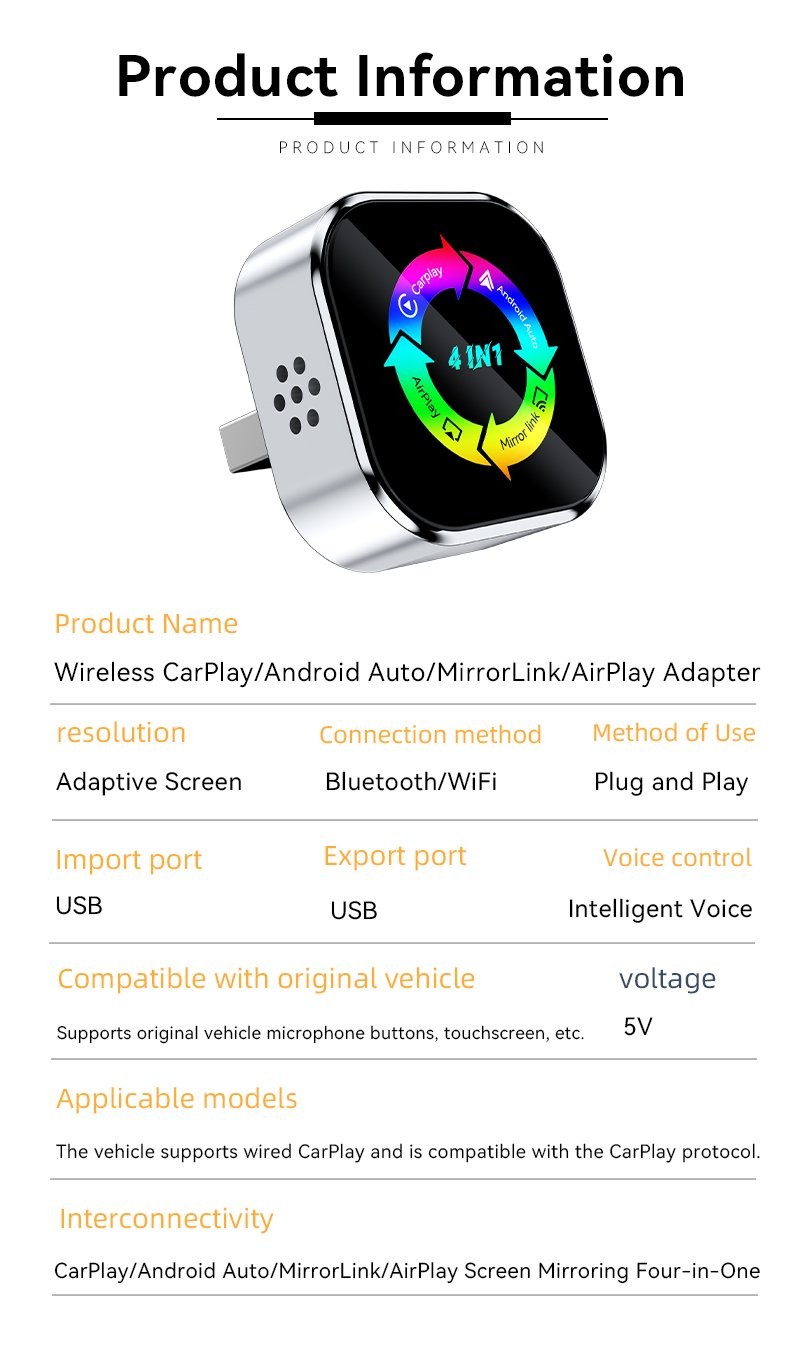 4-in-1 Wireless CarPlay Adapter & Android Auto Wireless Adapter, Plug & Play