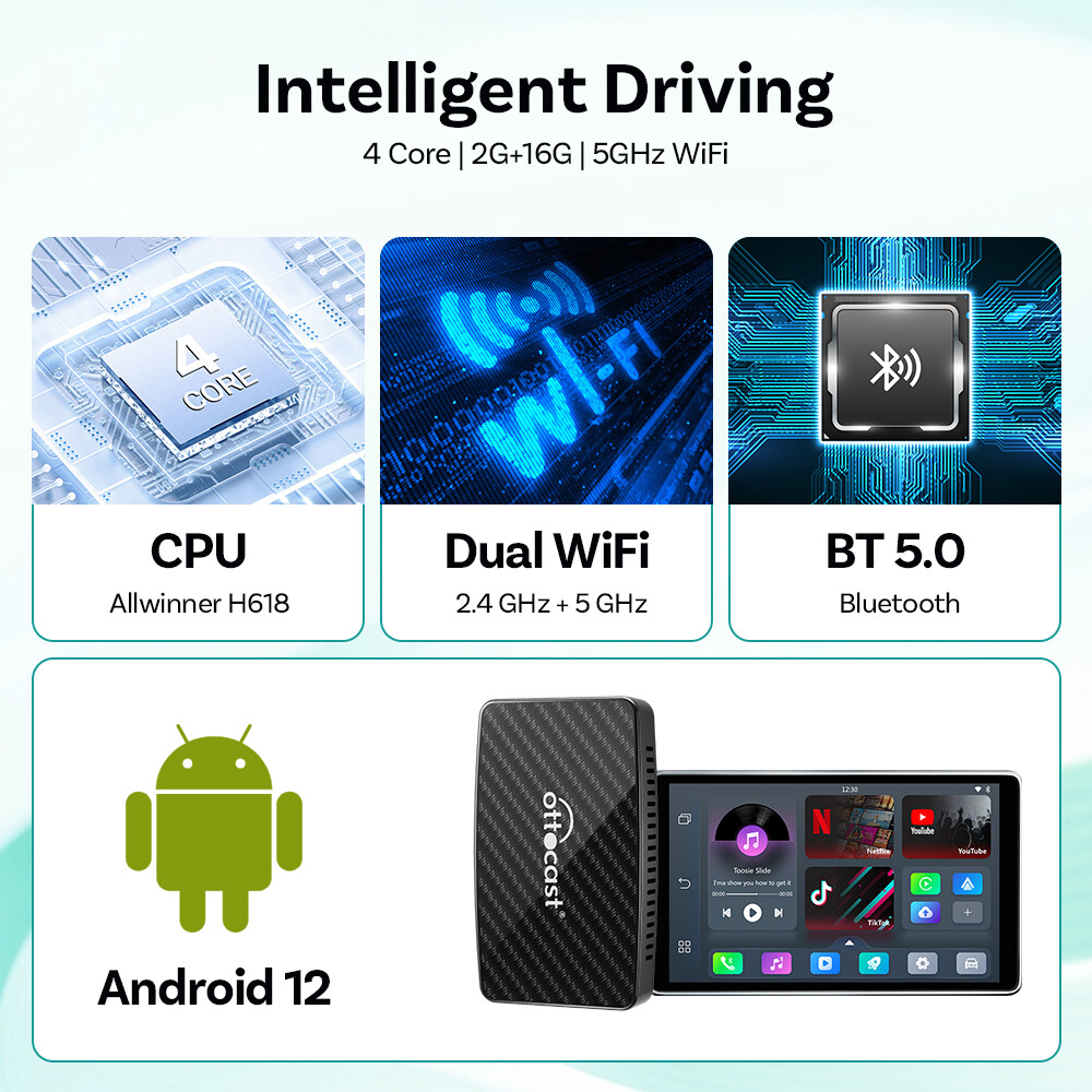 Ottocast Wireless Carplay AIBOX Android Auto Android 9 Car TV Box w/Google Store