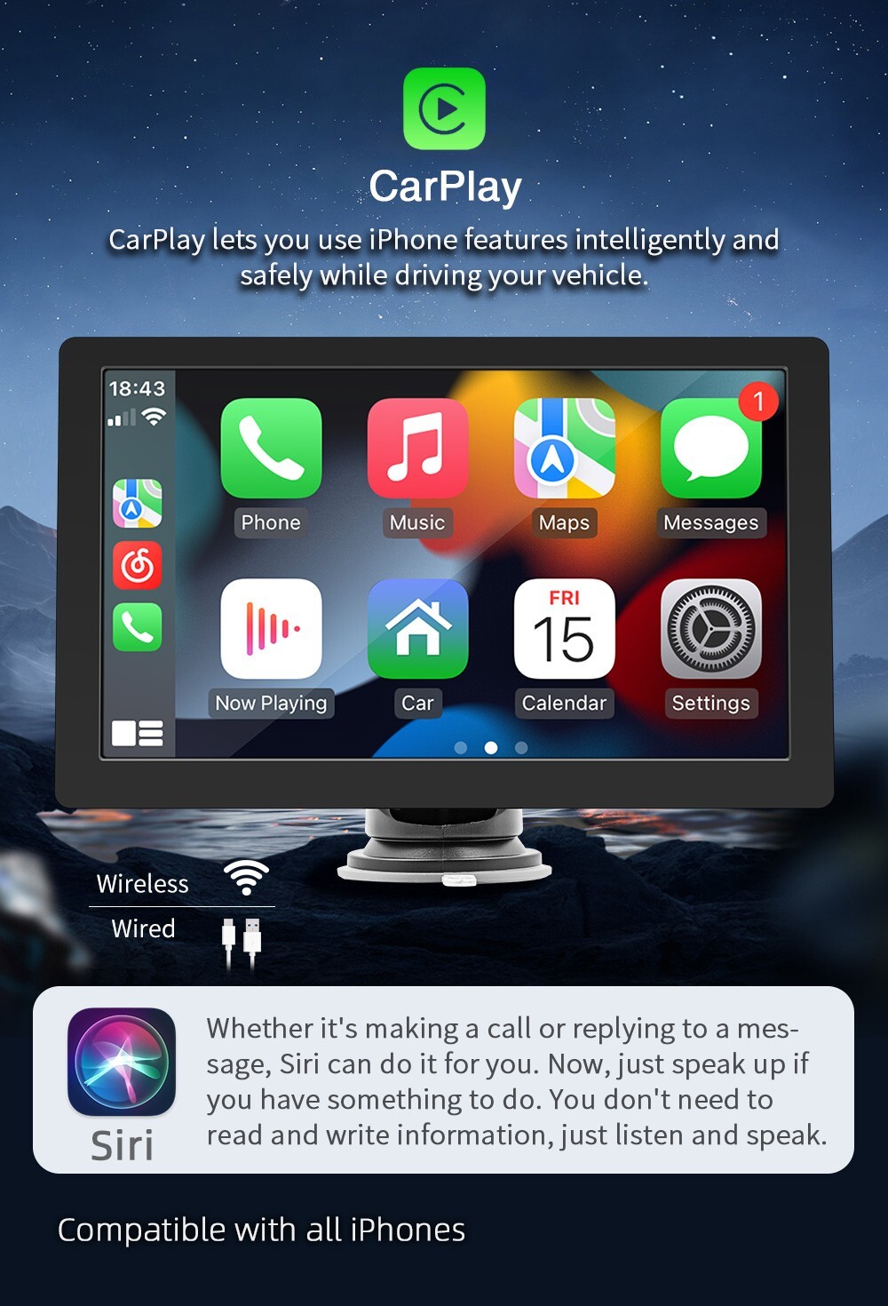 9Inch Car Stereo MP5 Player For Wireless Carplay/Android Auto BT 5.0 Mirror link