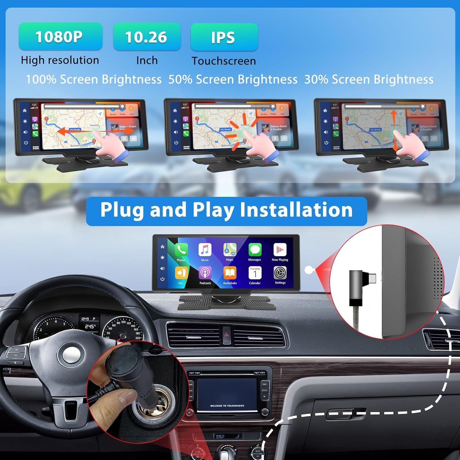 10.26″ Wireless Apple CarPlay Android Auto Portable Touch Screen Monitor Car FM