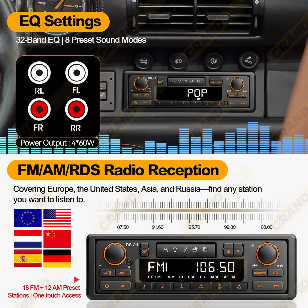 1DIN Retro Car Radio MP3 Player Bluetooth AM FM RDS Classic Stereo