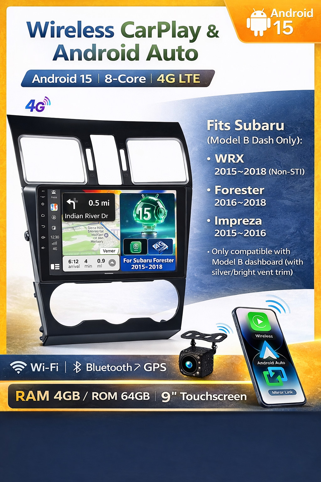 Android 15 Car Stereo 9” 8-Core 4GB+64GB Subaru Forester WRX Impreza 2015-2018