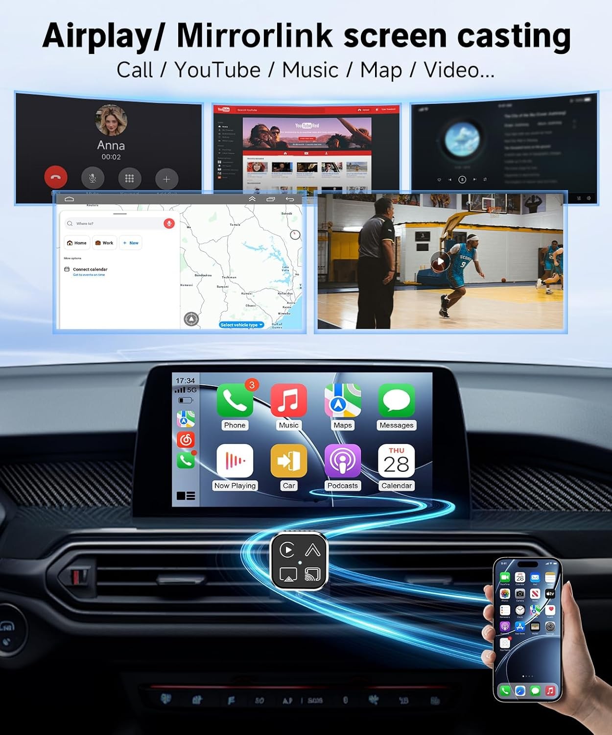 4-IN-1 Carplay Adapter Wired to Wireless CarPlay Android Auto Mirror Link –2026