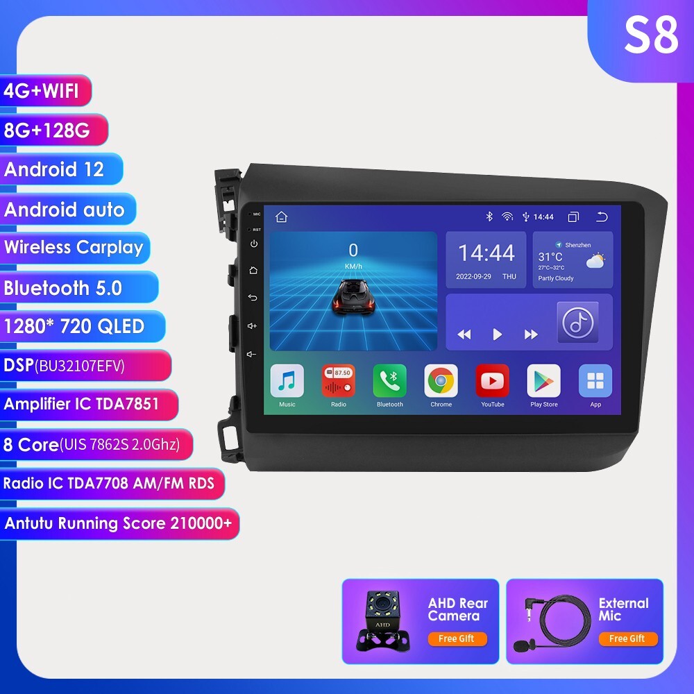 9″ For Honda Civic 12-15 Car Carplay Radio GPS DSP WiFi Head Unit 8GB+128GB +CAM
