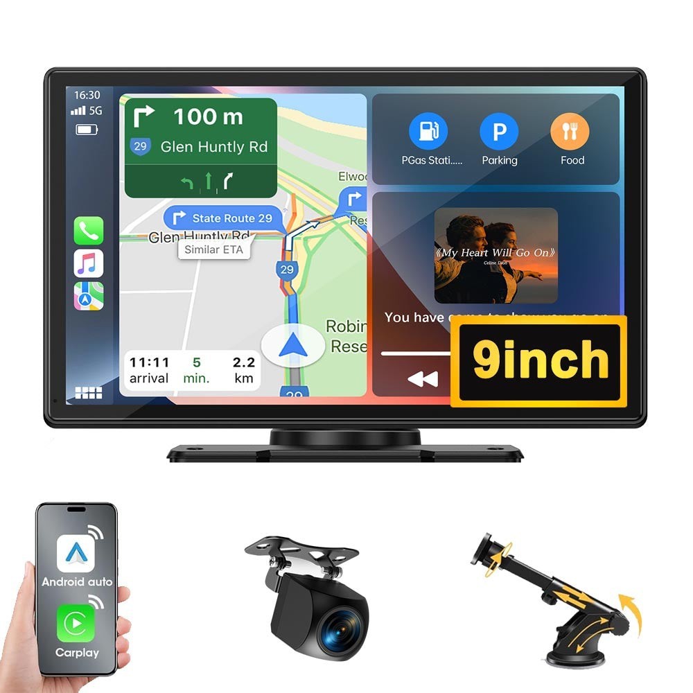 Portable Wireless Apple CarPlay and Android Auto 9″ IPS Touch Screen w/ Rear Cam