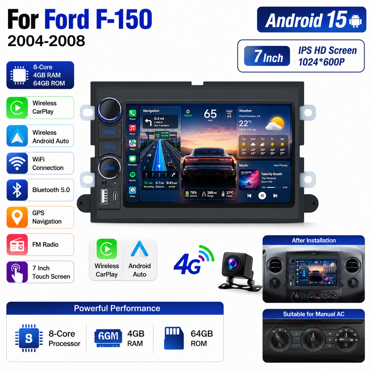 7″ HD Car Radio Stereo Carplay Andriod Auto GPS 8Core 64G for Ford F150 004-2008