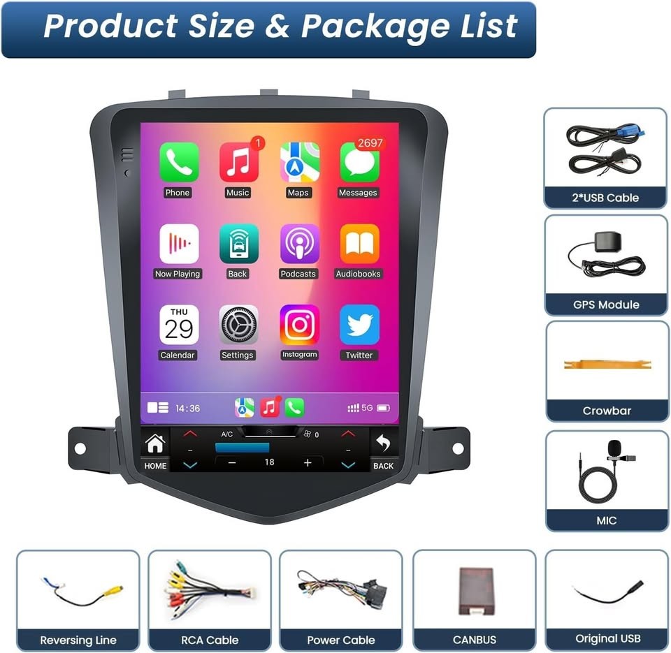 Chevy Cruze (2009-2015) 10.4″ Android 12 Car Radio GPS 64G 5G WiFi CarPlay BT