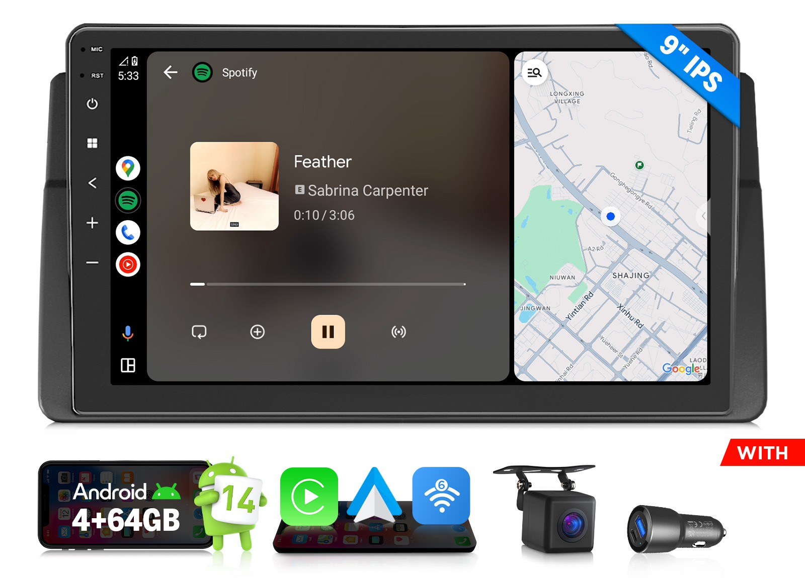9″ Android Auto 4+64 Car Stereo Wireless CarPlay GPS DSP for BMW 3 Series E46 M3