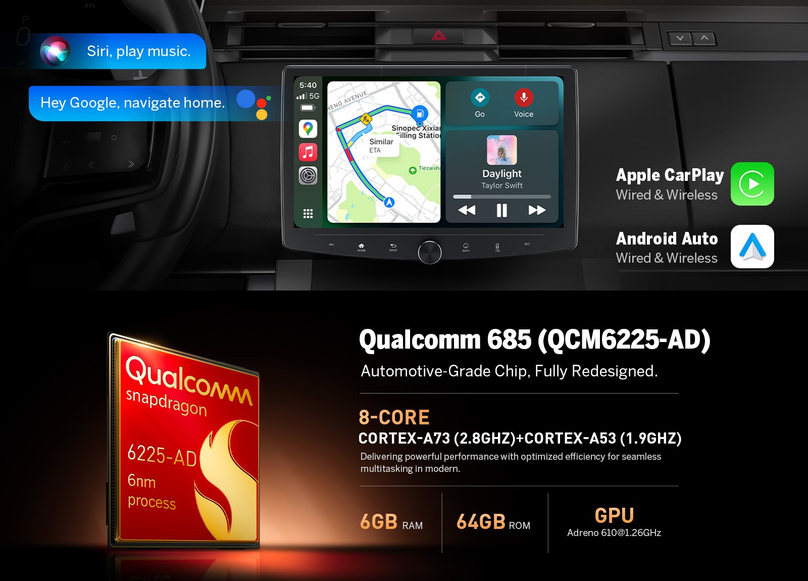 10.1″ Double 2 DIN Car Stereo QLED Wireless CarPlay Android Auto GPS RDS WiFi 6