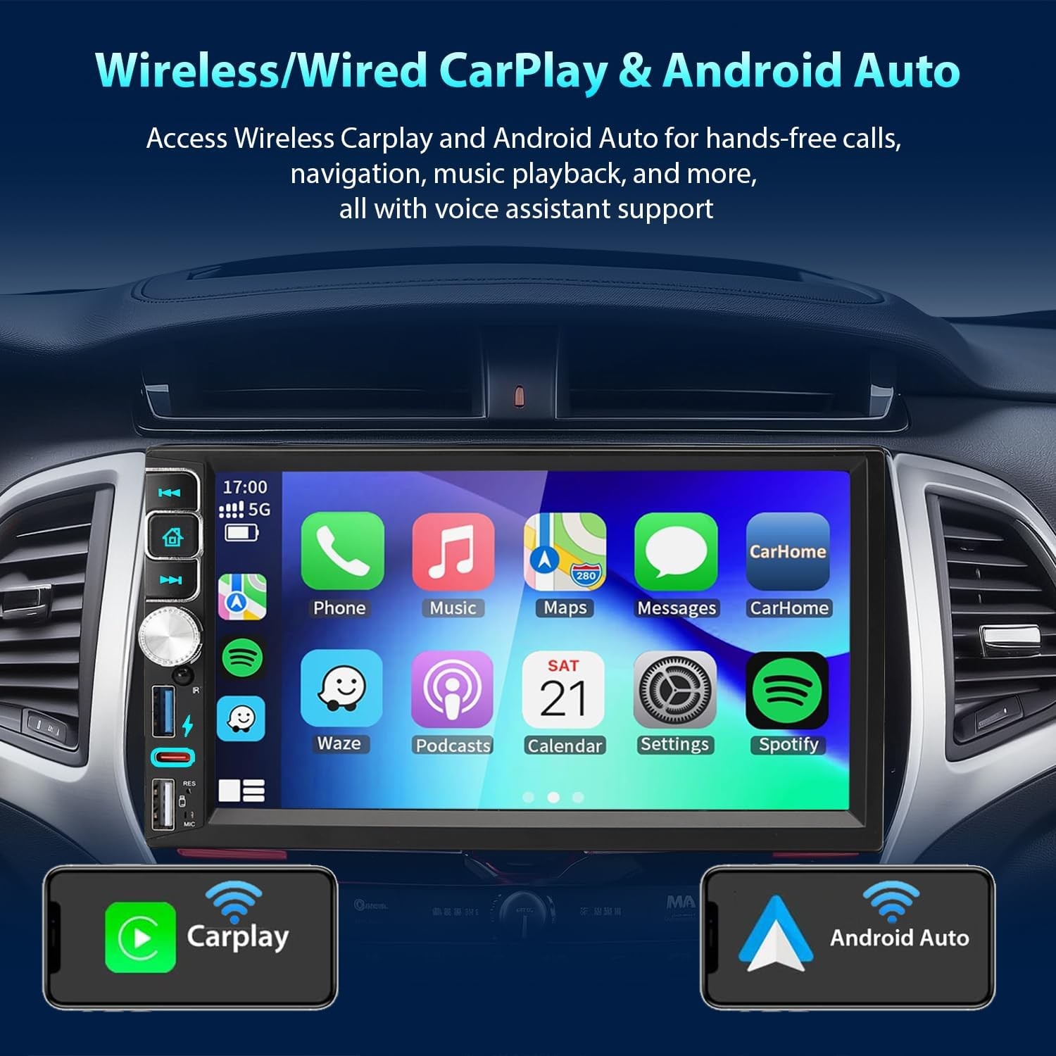 Double Din Apple Carplay Android Auto 7″ Car Stereo Radio Bluetooth Touch Screen
